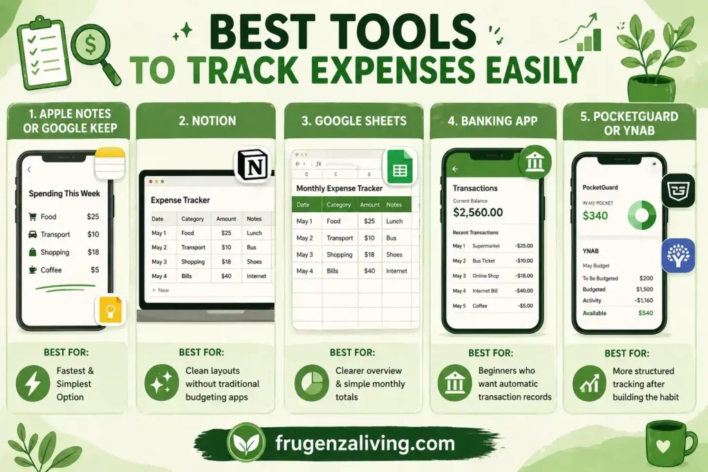 Best tools to track expenses easily including notes apps, Google Sheets, banking apps, and budgeting tools