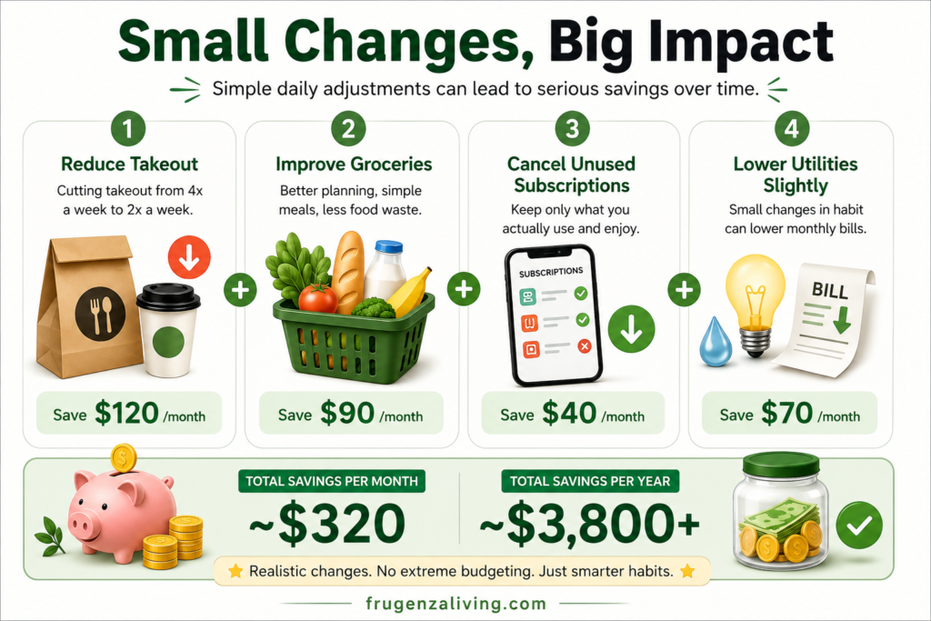 Small changes big impact infographic showing simple frugal living habits to save money monthly by reducing takeout, grocery waste, subscriptions, and utility bills