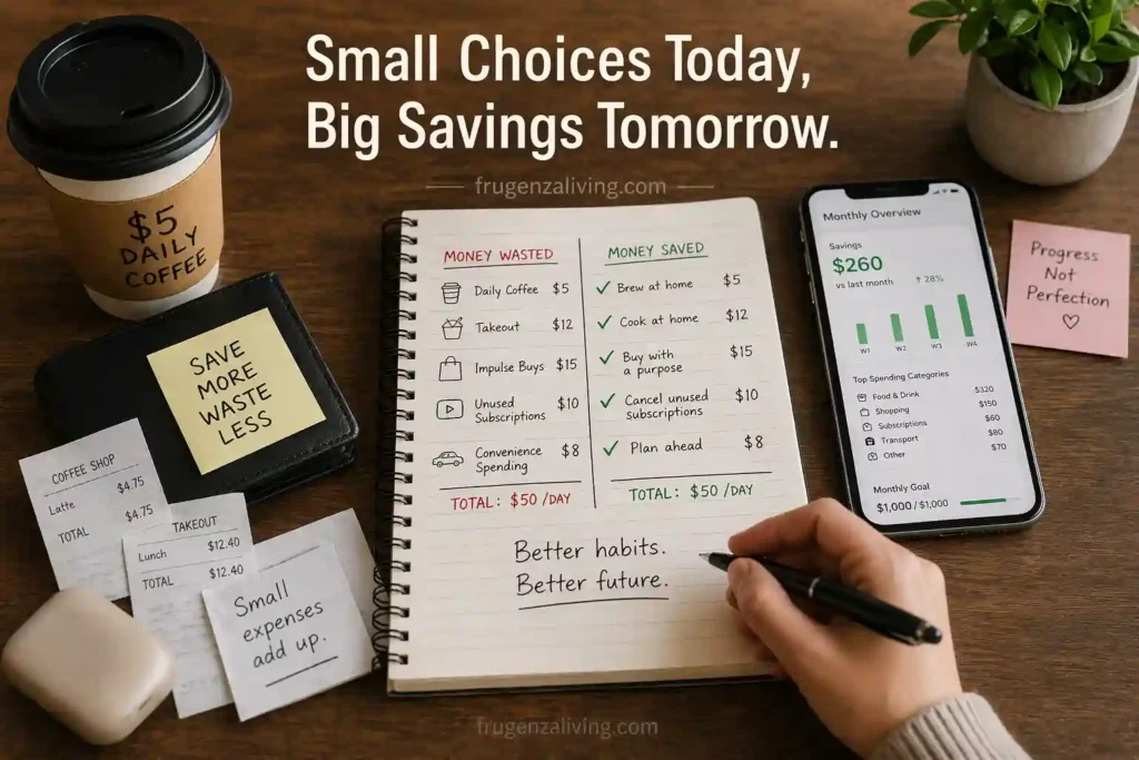 Illustration of budgeting, tracking expenses, and simple ways to stop wasting money