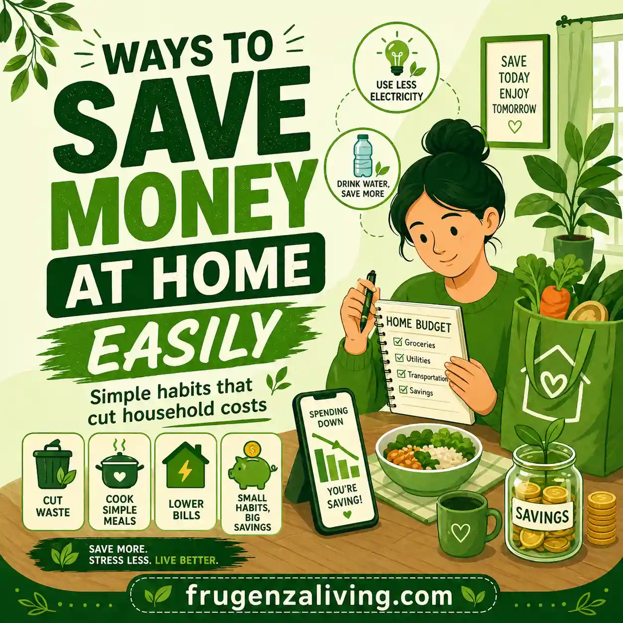 easy ways to reduce household expenses at home illustration green theme