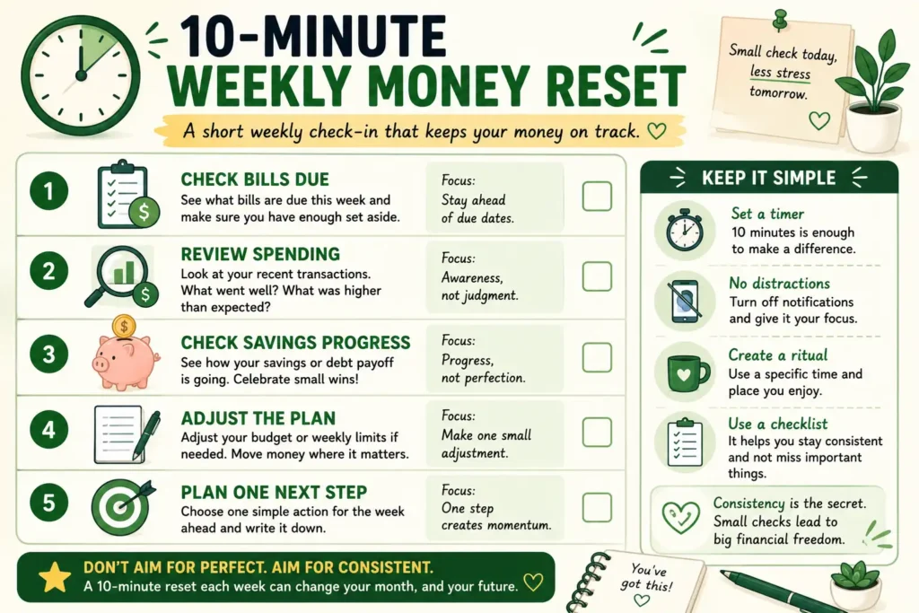 Checklist infographic showing a 10-minute weekly money reset for reviewing bills, spending, savings progress, and weekly adjustments