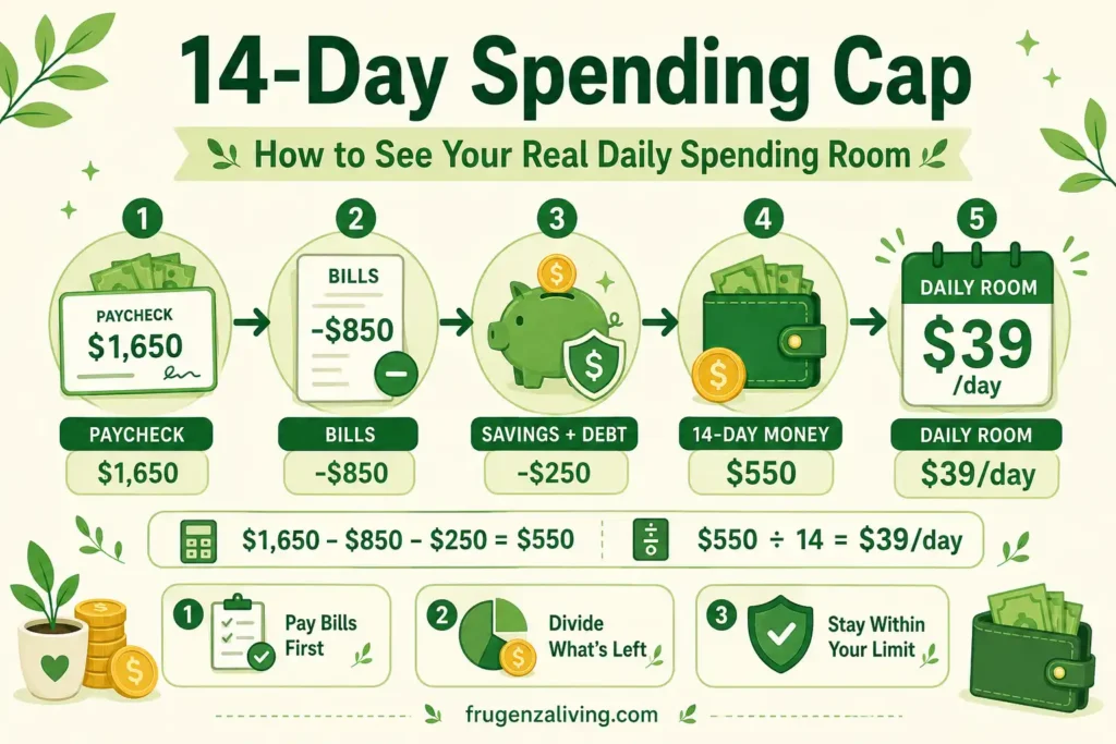 14-day spending cap infographic showing how to calculate daily spending room from a biweekly paycheck