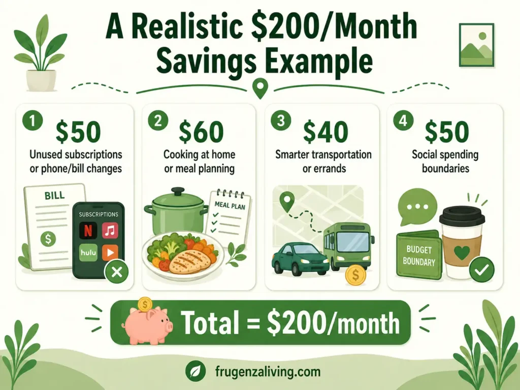 Infographic showing how a single person can save 200 dollars per month from subscriptions, meal planning, transportation, and social spending boundaries