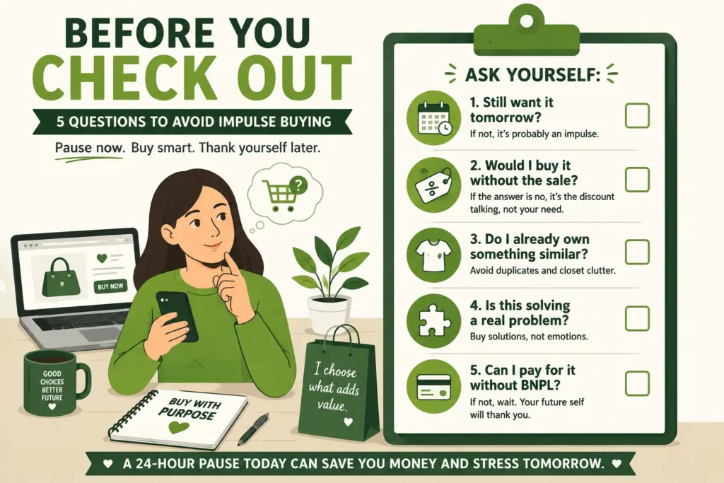 Online shopping checklist with questions about sales, duplicate items, real needs, and BNPL before buying