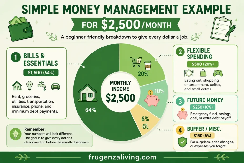 Infographic showing a 2500 monthly money management example divided into bills, flexible spending, future money, and buffer