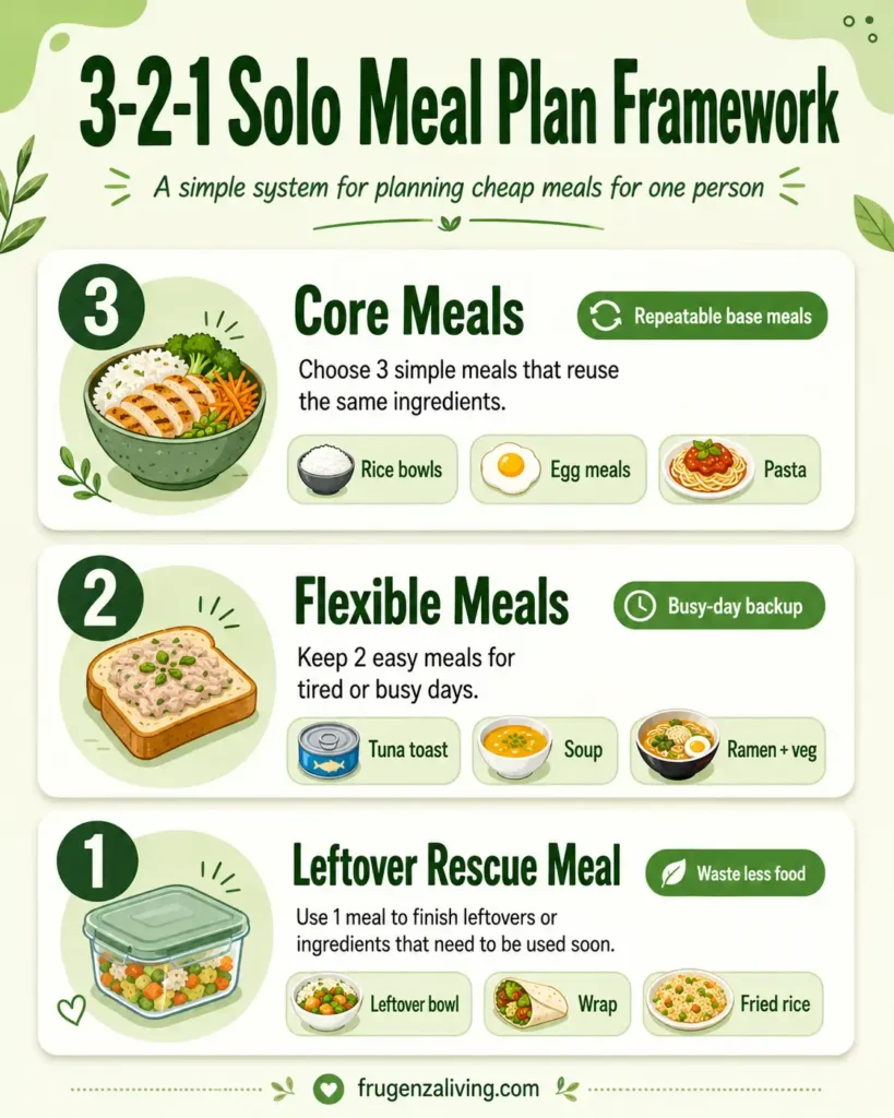 Infographic showing the 3-2-1 solo meal plan framework with three core meals, two flexible meals, and one leftover rescue meal