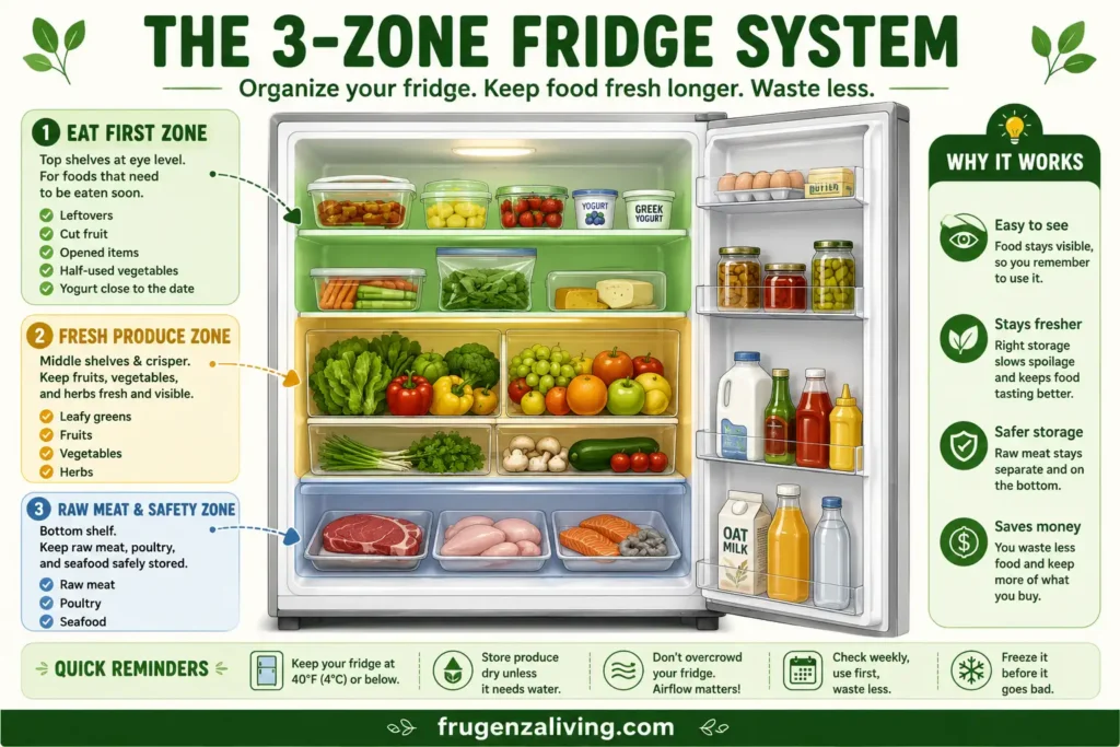 Infographic showing a 3-zone fridge system with an eat-first zone, fresh produce zone, and raw meat safety zone to reduce food waste