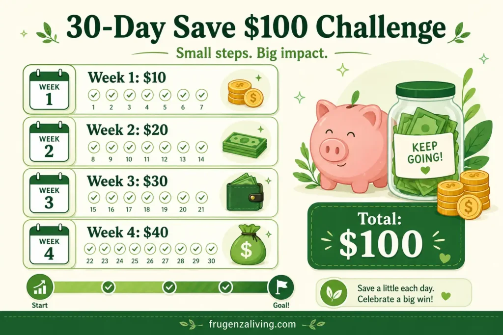 Infographic showing a 30-day save 100 dollars money challenge with weekly savings goals of 10 dollars, 20 dollars, 30 dollars, and 40 dollars