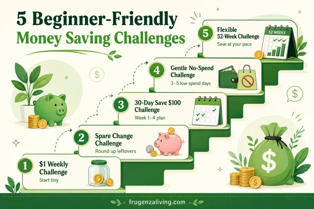 Infographic showing five beginner-friendly money saving challenges including the 1 dollar weekly challenge, spare change challenge, save 100 dollars challenge, gentle no-spend challenge, and flexible 52-week challenge