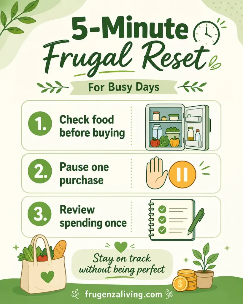 5 minute frugal reset for busy days with check food pause purchase and review spending steps