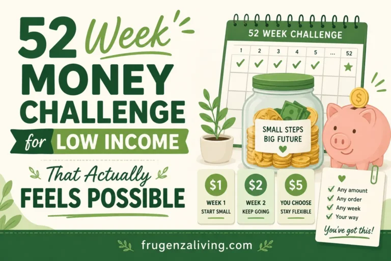 2D illustration of a 52 week money challenge for low income with a savings jar, weekly tracker, piggy bank, and flexible 1 dollar, 2 dollar, and 5 dollar options