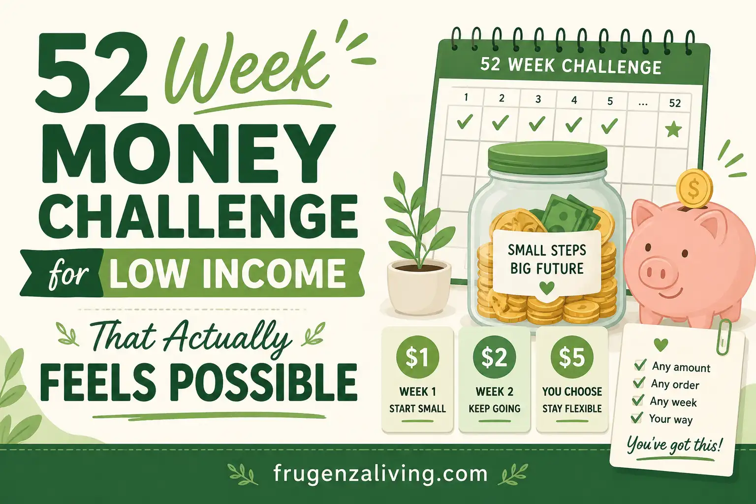 2D illustration of a 52 week money challenge for low income with a savings jar, weekly tracker, piggy bank, and flexible 1 dollar, 2 dollar, and 5 dollar options