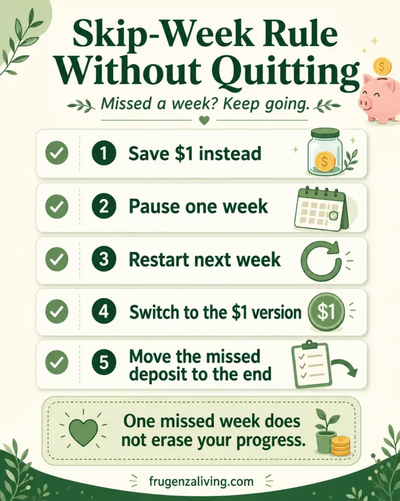 Infographic showing the 52-week money challenge skip-week rule with options to save 1 dollar, pause one week, restart next week, switch to the 1 dollar version, or move the missed deposit