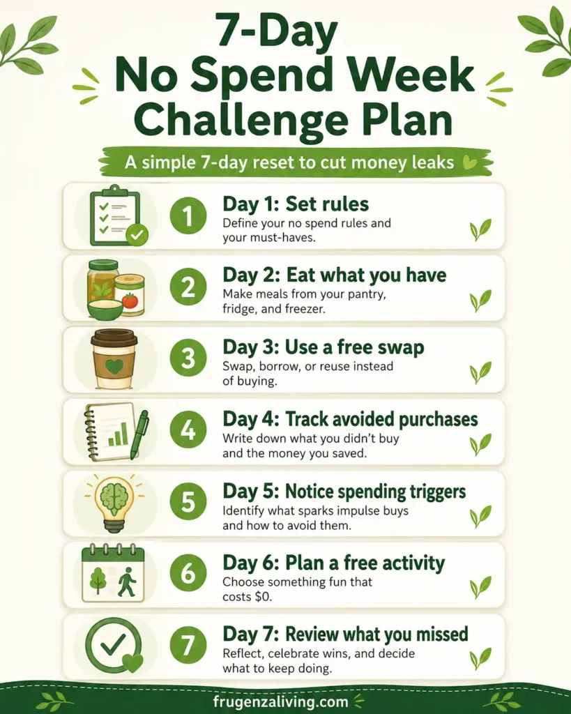 Infographic showing a 7-day no spend week challenge plan with daily steps to set rules, eat what you have, use free swaps, track avoided purchases, notice spending triggers, plan a free activity, and review spending habits