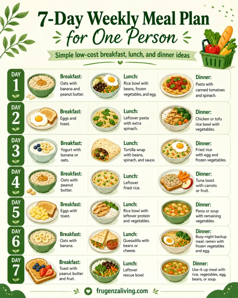 Infographic showing a 7-day weekly meal plan for one person on a budget with simple breakfast, lunch, and dinner ideas