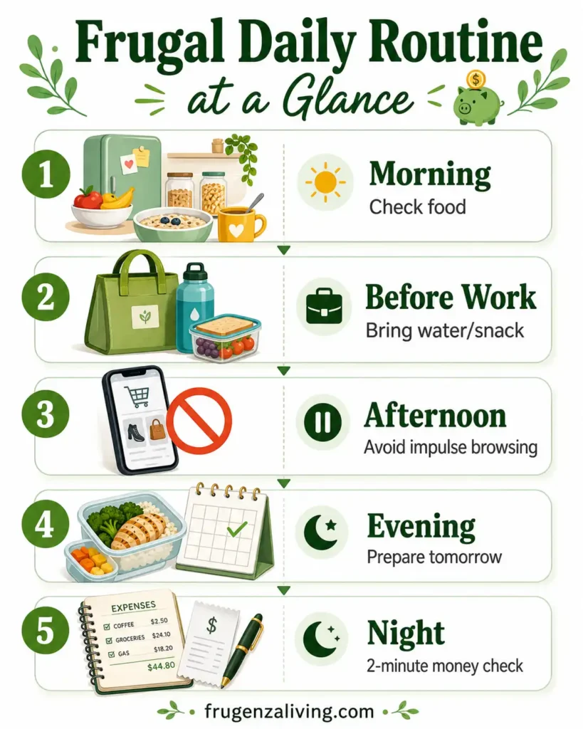 frugal daily routine at a glance with morning food check afternoon spending pause and night money review