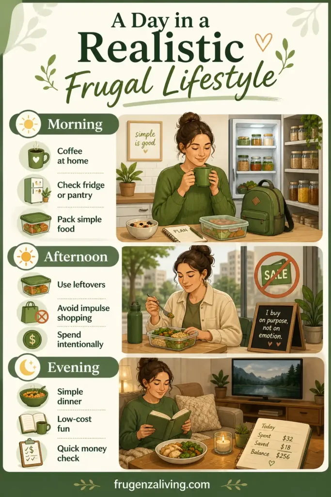 a day in a realistic frugal lifestyle with coffee at home leftovers simple dinner and quick money check