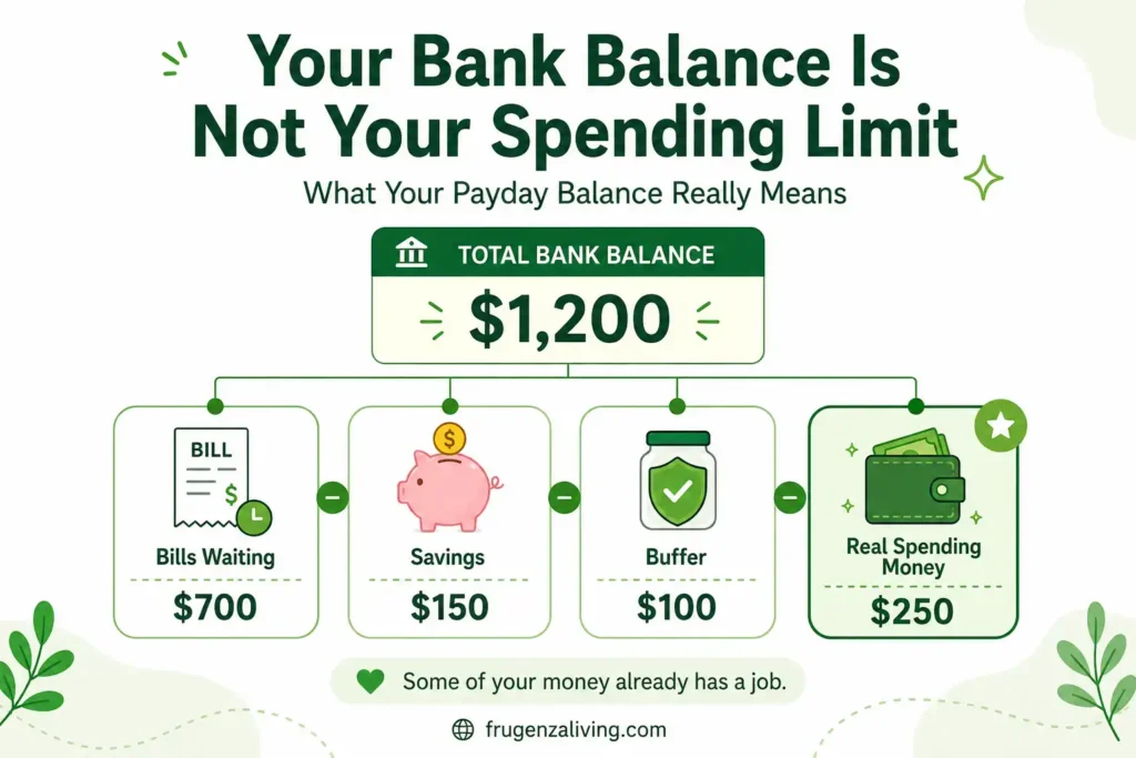 After payday budget visual showing bank balance divided into bills waiting, savings, buffer, and real spending money