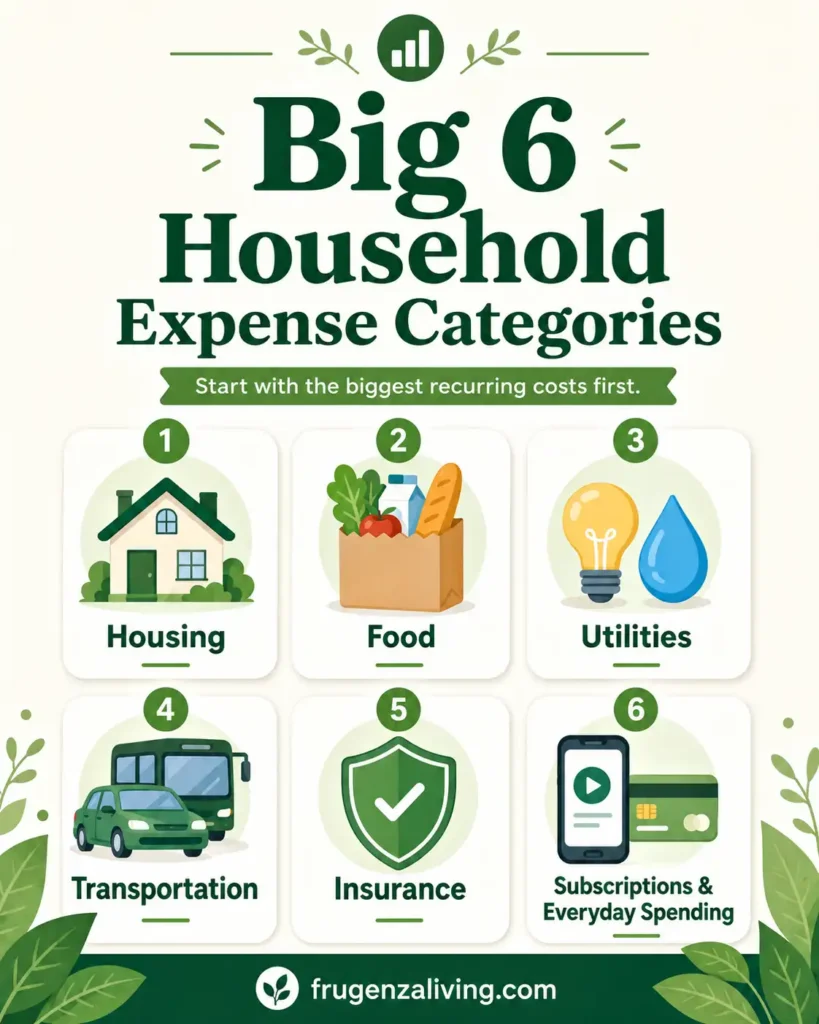 Infographic showing the big 6 household expense categories including housing, food, utilities, transportation, insurance, subscriptions, and everyday spending