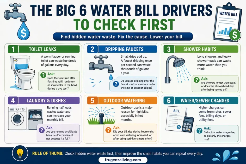 Infographic showing the big 6 water bill drivers including toilet leaks, dripping faucets, shower habits, laundry, dishwasher loads, outdoor watering, and water sewer charges