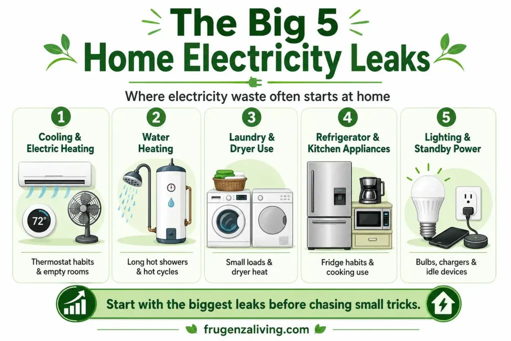Infographic showing the biggest home electricity leaks including cooling, electric heating, water heating, laundry, dryer use, refrigerator, kitchen appliances, lighting, and standby power