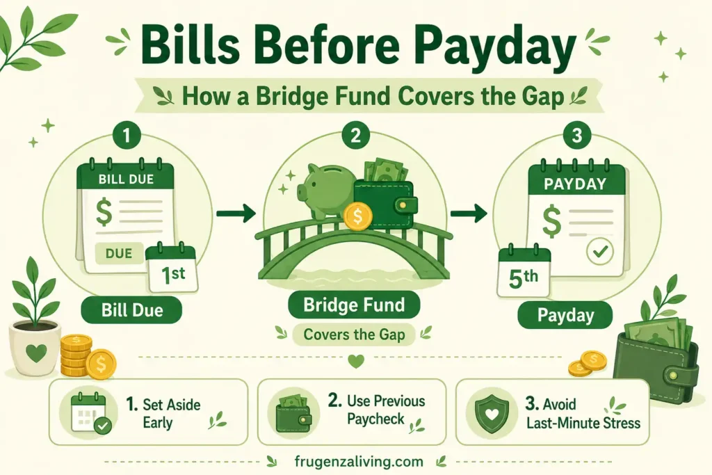 Infographic showing how a bridge fund covers the gap when bills are due before the next payday