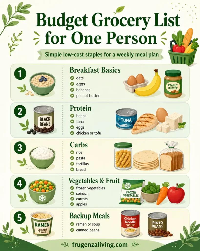 Checklist infographic showing a budget grocery list for one person with oats, eggs, rice, beans, pasta, vegetables, fruit, and backup meals