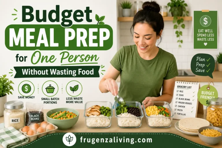 2D illustration of budget meal prep for one person with small batch portions, rice, beans, vegetables, grocery list, and meal prep containers