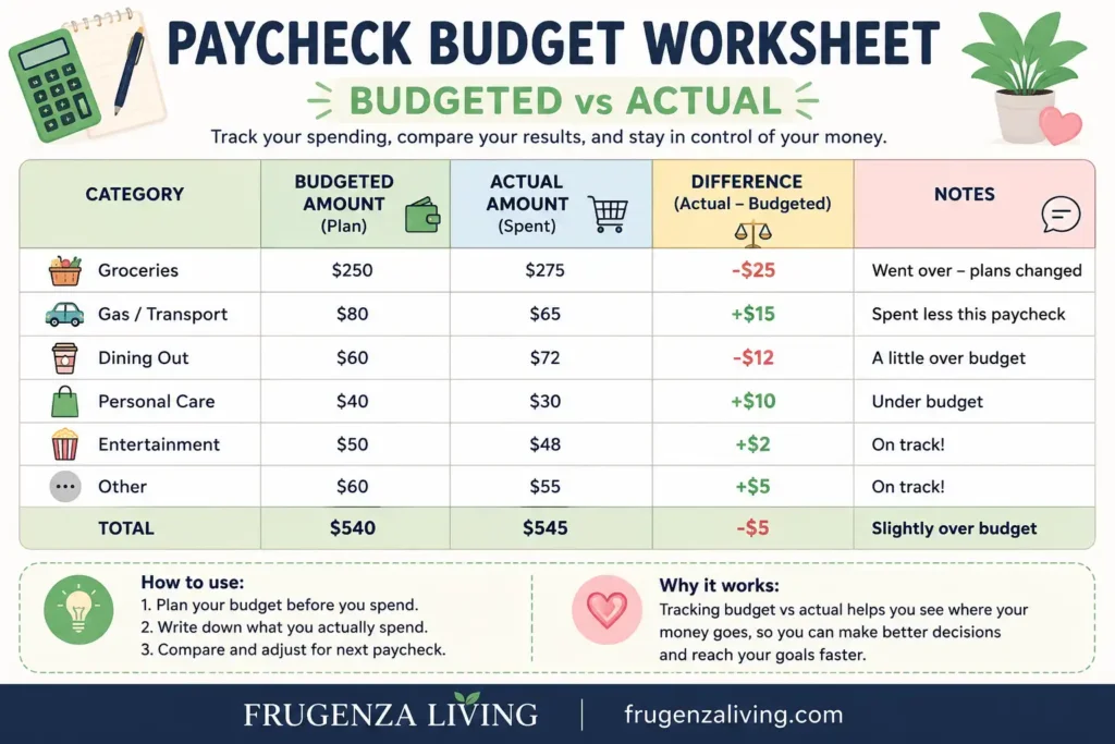 Budgeted vs actual paycheck budget worksheet showing planned spending, actual spending, difference, and notes