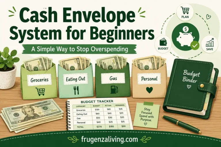Cash envelope system for beginners illustration showing budget envelopes, cash, spending categories, and frugenzaliving.com