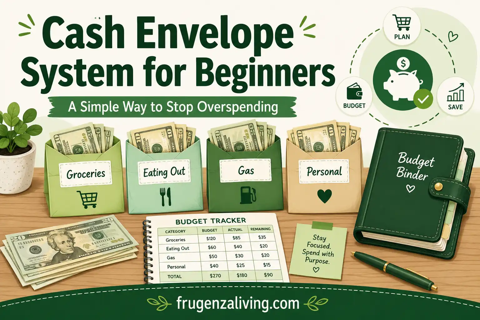 Cash envelope system for beginners illustration showing budget envelopes, cash, spending categories, and frugenzaliving.com