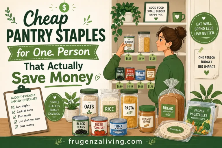 2D illustration of cheap pantry staples for one person with rice, pasta, oats, beans, tuna, peanut butter, bread, and frozen vegetables