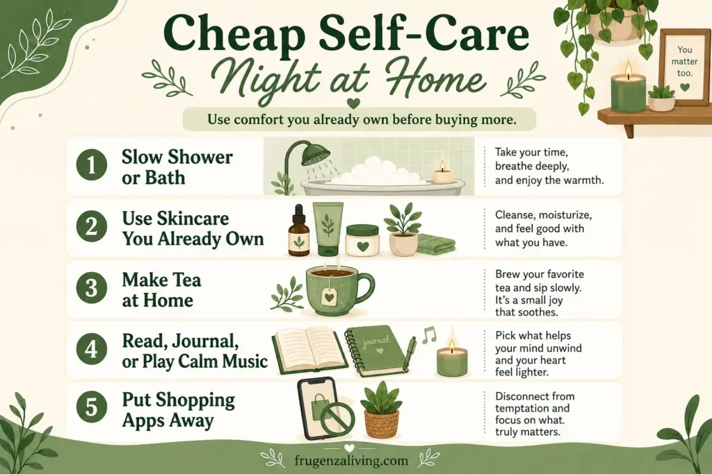 Infographic showing a cheap self-care night at home with slow shower, skincare you already own, tea at home, reading or journaling, calm music, and putting shopping apps away