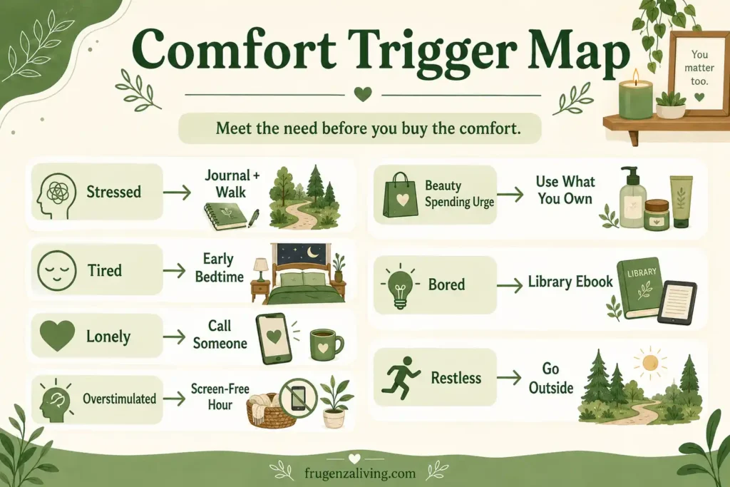 Comfort Trigger Map infographic showing frugal self-care replacements for stress, tiredness, loneliness, overstimulation, beauty spending urges, boredom, and restlessness