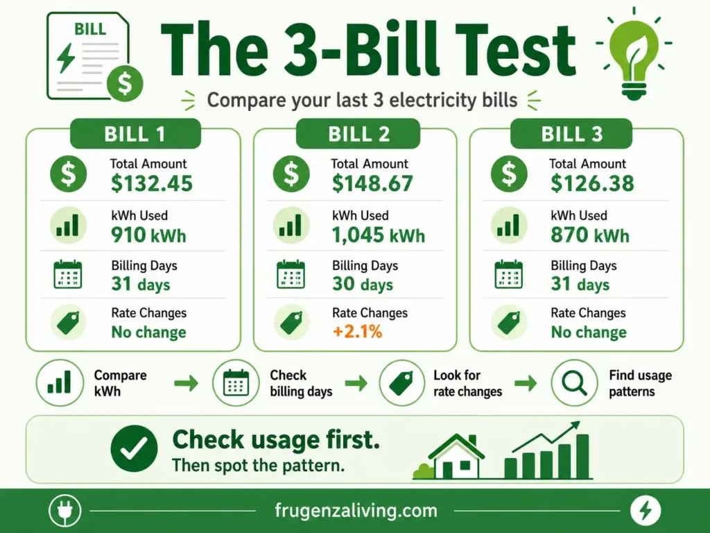 Infographic explaining the 3-bill test to compare electricity bills, kWh usage, billing days, rate changes, and monthly energy patterns