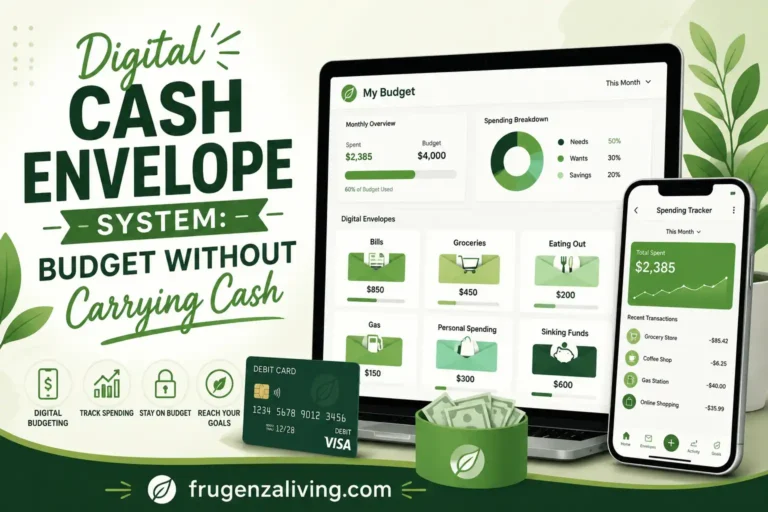 2D illustration of a digital cash envelope system with budgeting dashboard, digital envelopes, debit card, spending tracker, and frugenzaliving.com
