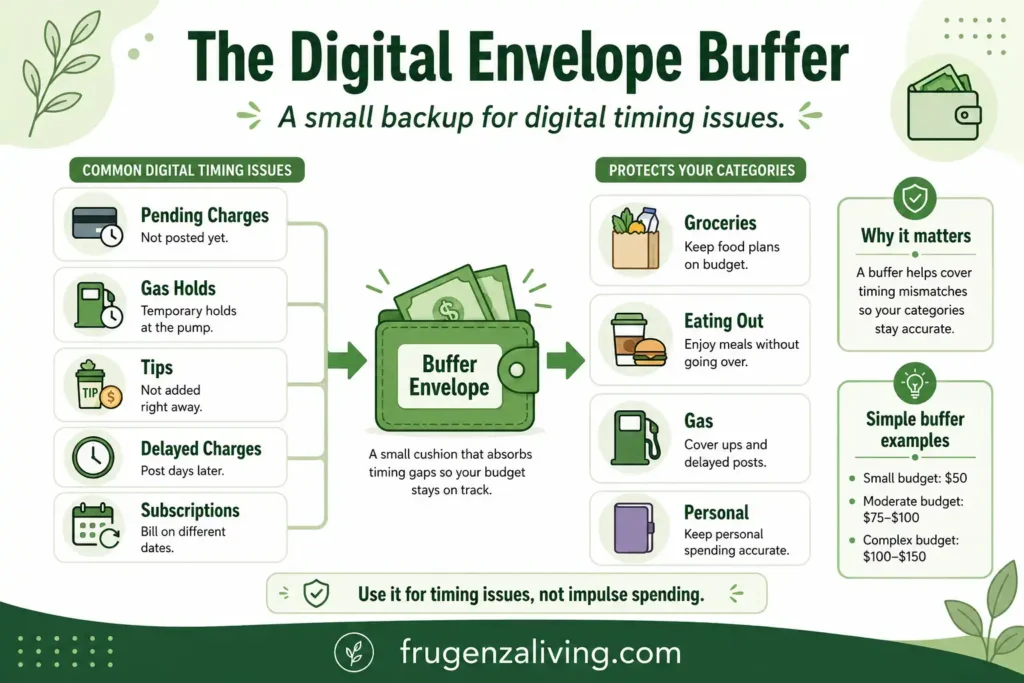 Digital cash envelope buffer infographic explaining how a small backup category protects spending envelopes from timing issues