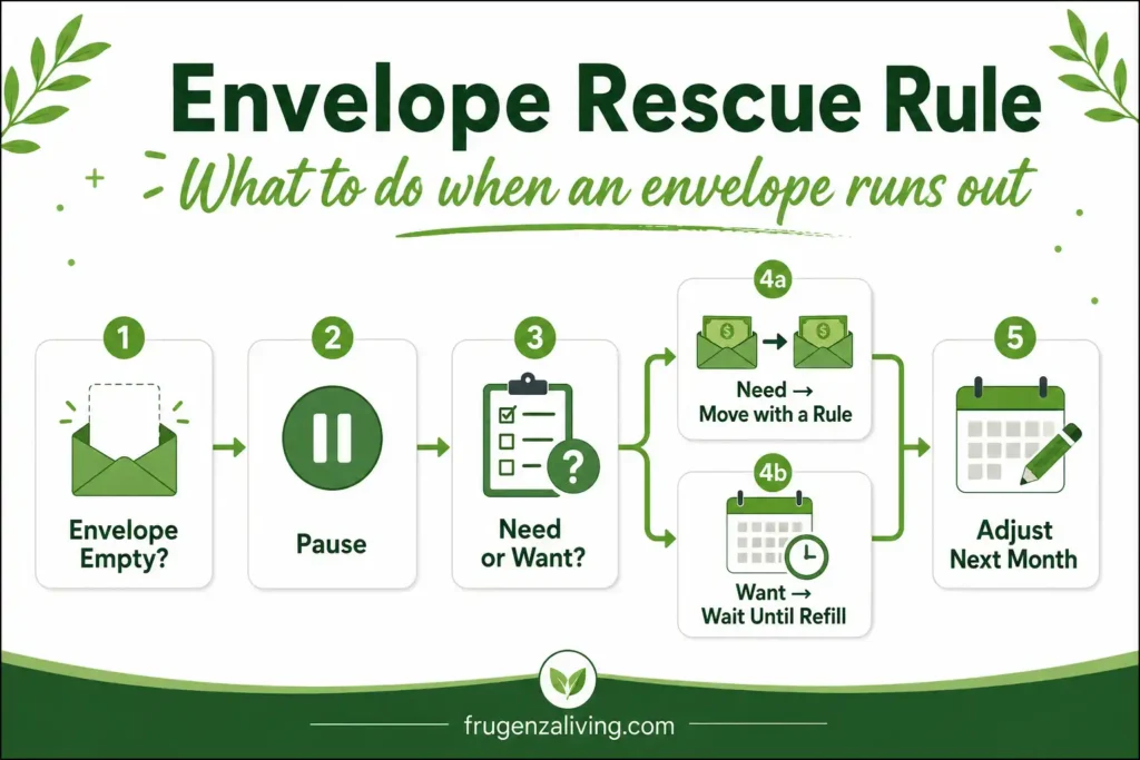 Cash envelope budgeting flowchart explaining what beginners should do when an envelope is empty
