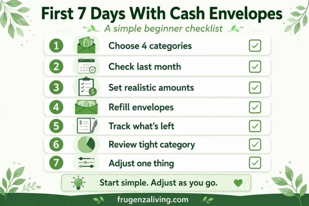 Cash envelope system beginner checklist for the first week of choosing categories, refilling envelopes, tracking what is left, and adjusting