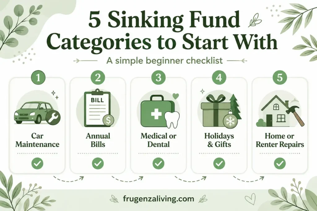 Beginner sinking fund categories checklist with car maintenance, annual bills, medical expenses, holidays, gifts, and home repairs