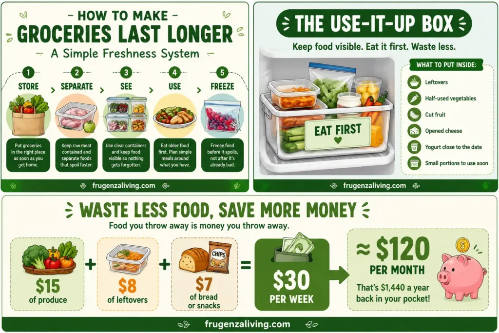 Infographic showing how wasting 30 dollars of groceries per week can add up to about 120 dollars per month