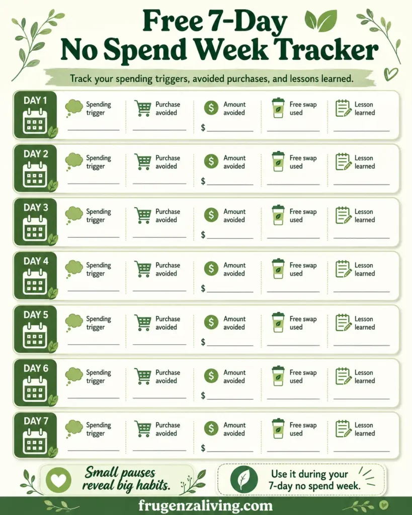 Printable-style 7-day no spend week tracker with fields for spending trigger, purchase avoided, amount avoided, free swap used, and lesson learned