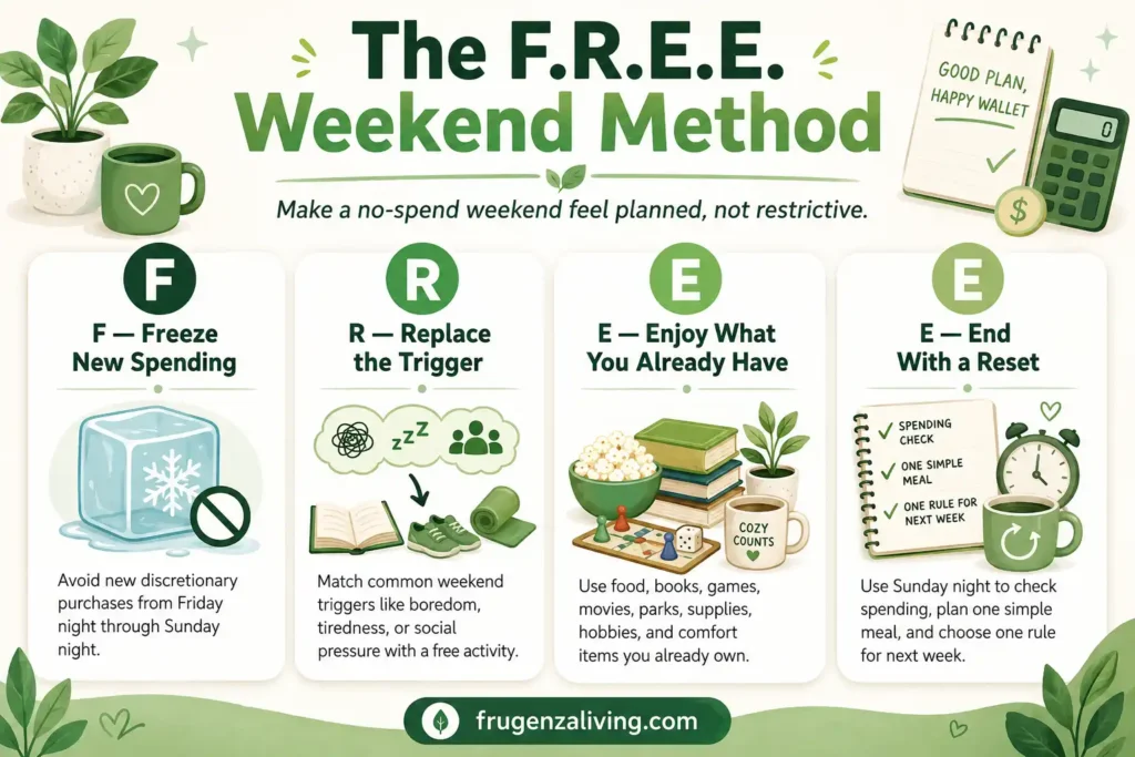 Infographic showing the F.R.E.E. Weekend Method for a no spend weekend with freeze new spending, replace the trigger, enjoy what you already have, and end with a reset