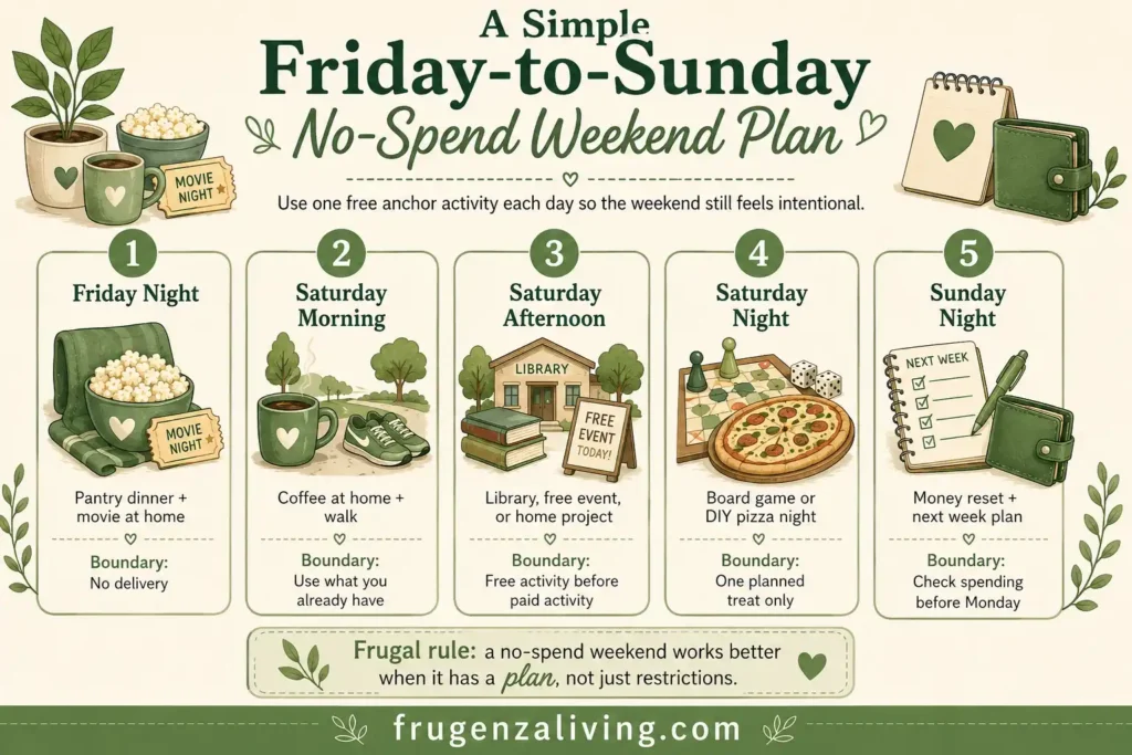 Simple Friday-to-Sunday no-spend weekend planner with free anchor activities and spending boundaries for a frugal weekend