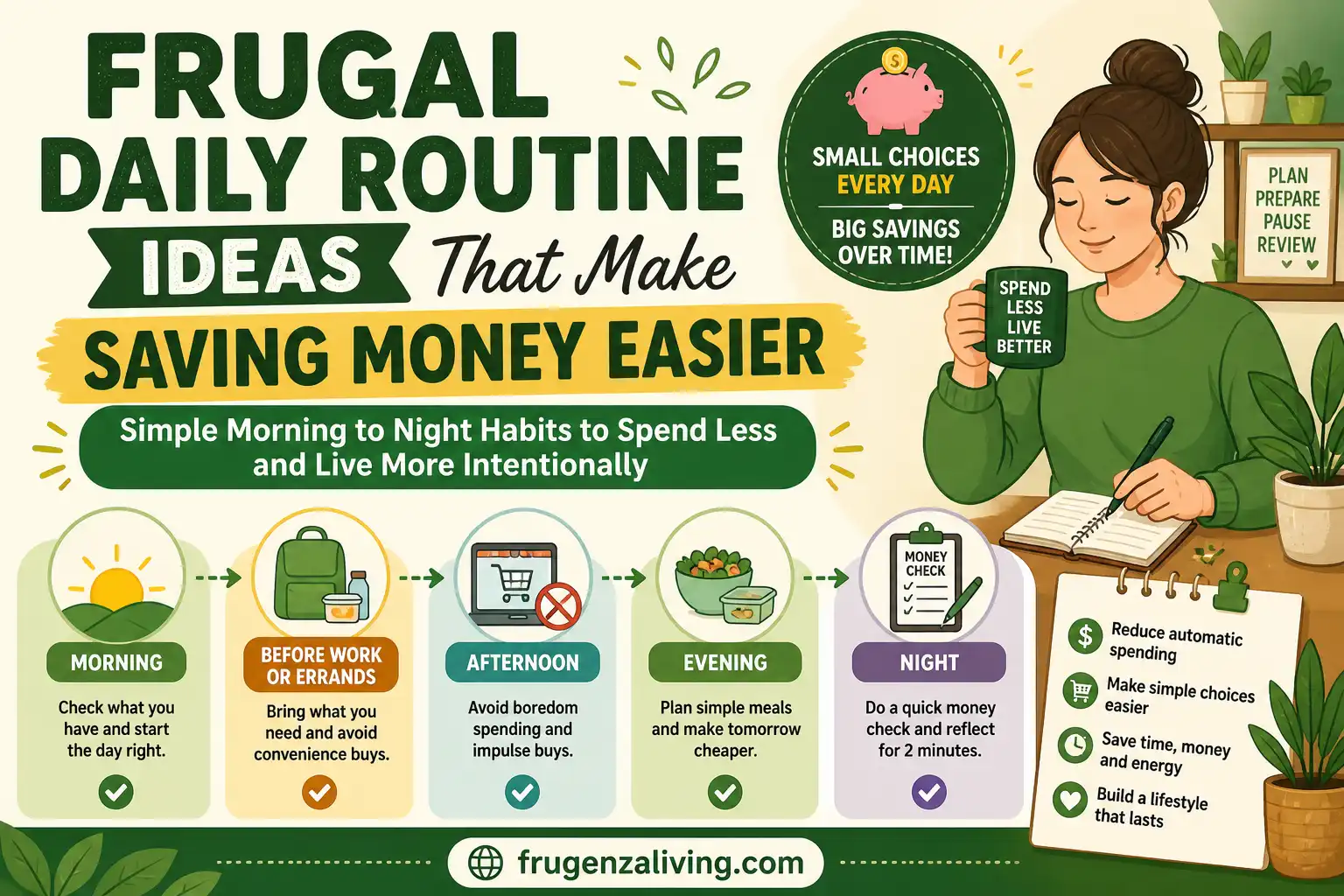 frugal daily routine ideas from morning to night with coffee at home packed lunch simple dinner and money check