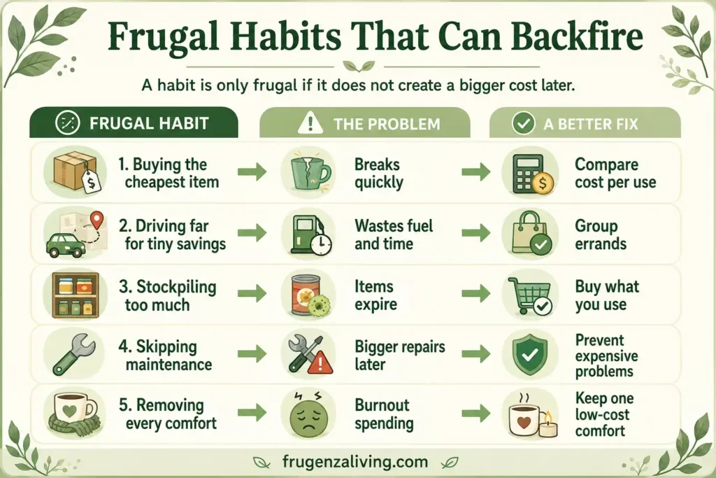 Frugal habits that waste money infographic showing common beginner mistakes and better fixes like comparing cost per use, grouping errands, and keeping one low-cost comfort