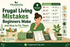 Frugal living mistakes beginners make illustration showing common money mistakes, budget fixes, impulse spending, and beginner frugal living tips