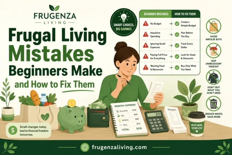 Frugal living mistakes beginners make illustration showing common money mistakes, budget fixes, impulse spending, and beginner frugal living tips