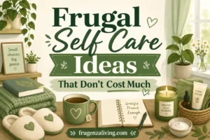 Frugal self care ideas illustration showing low-cost comfort activities like journaling, tea at home, skincare you own, cozy rest, and no-spend self-care