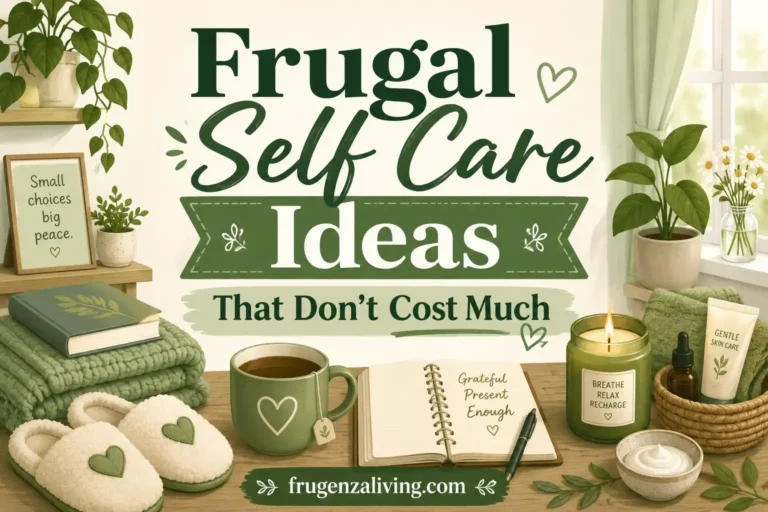 Frugal self care ideas illustration showing low-cost comfort activities like journaling, tea at home, skincare you own, cozy rest, and no-spend self-care